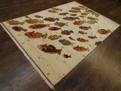Natural Coastal Fish Design 5'0"x8'0" Hand-knotted Rug -W11009