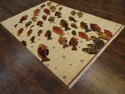 Natural Coastal Fish Design 5'0"x8'0" Hand-knotted Rug -W11009