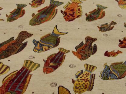 Natural Coastal Fish Design 5'0"x8'0" Hand-knotted Rug -W11009