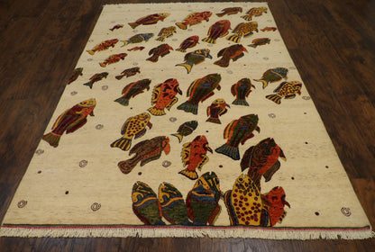 Natural Coastal Fish Design 5'0"x8'0" Hand-knotted Rug -W11009