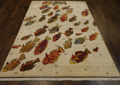 Natural Coastal Fish Design 5'0"x8'0" Hand-knotted Rug -W11009