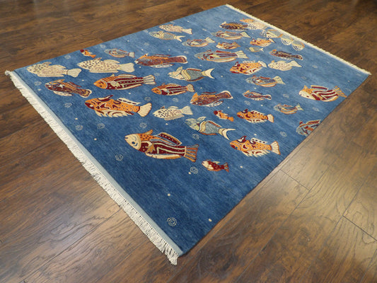 Natural Coastal Fish Design 5'0"x8'0" Hand-knotted Rug -W11010