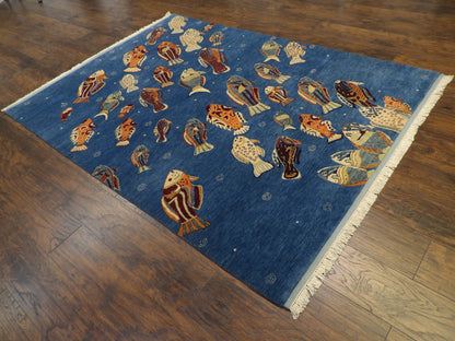 Natural Coastal Fish Design 5'0"x8'0" Hand-knotted Rug -W11010