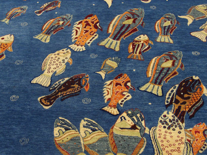 Natural Coastal Fish Design 5'0"x8'0" Hand-knotted Rug -W11010