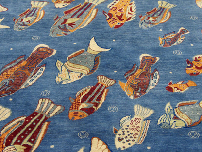 Natural Coastal Fish Design 5'0"x8'0" Hand-knotted Rug -W11010