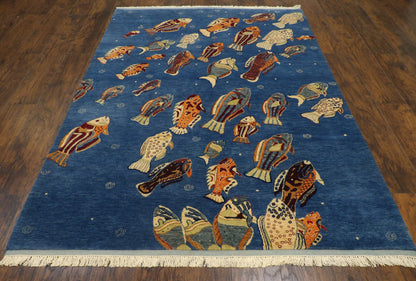 Natural Coastal Fish Design 5'0"x8'0" Hand-knotted Rug -W11010