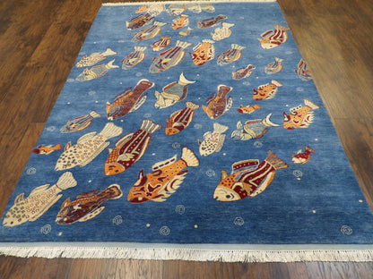 Natural Coastal Fish Design 5'0"x8'0" Hand-knotted Rug -W11010
