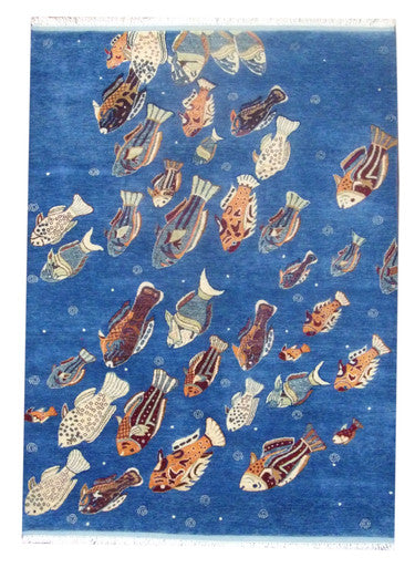Natural Coastal Fish Design 5'0"x8'0" Hand-knotted Rug -W11010