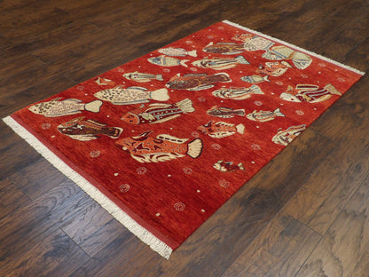 Fish Design Coastal 4'0"x6'0" Hand-knotted Rug -w11012