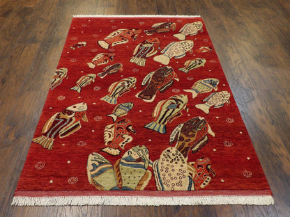 Fish Design Coastal 4'0"x6'0" Hand-knotted Rug -w11012