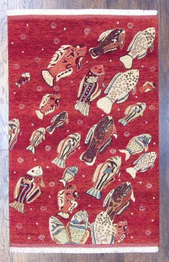 Fish Design Coastal 4'0"x6'0" Hand-knotted Rug -w11012