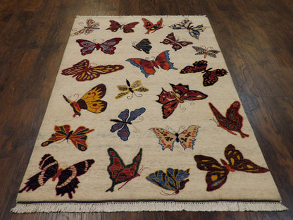 Butterfly Design Coastal 4'0"x6'0" Hand-knotted Rug w11014