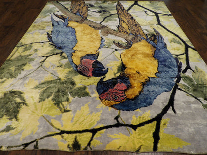 Pictorial Oxidized Silk Peacock Design 8'0"x10'0" Hand-knotted Rug -w11022