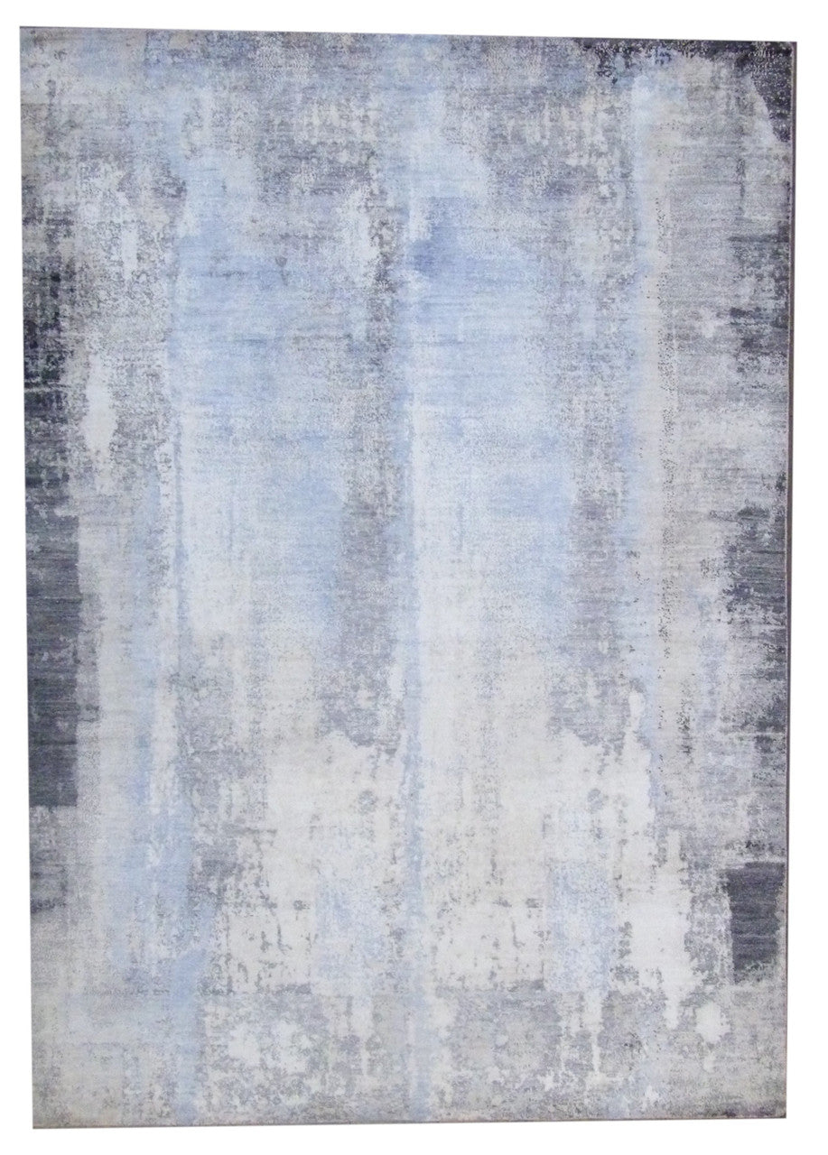 Blue 5'0" x 8'0" Transitional Oxidized Silky Broken Abstract Design Hand knotted Wool/Silk Rug - Sku: W11051