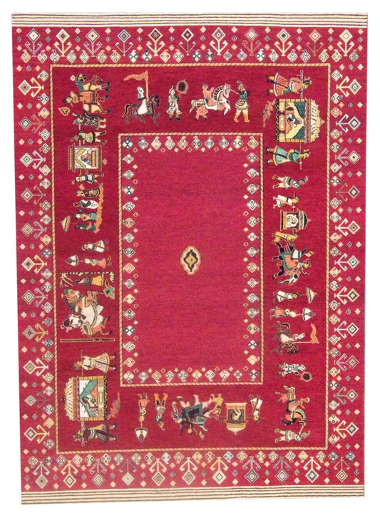 Tribal Modern Gabbeh Mughal Design 5'0"x8'0" Hand-knotted Rug -W11054