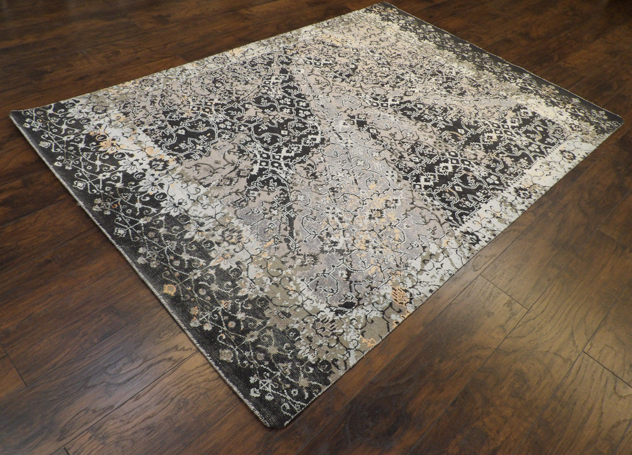 Black 5'0" x 8'0" Transitional Oxidized Vintage Broken Design Hand knotted Wool/Silk Rug - Sku: W11307