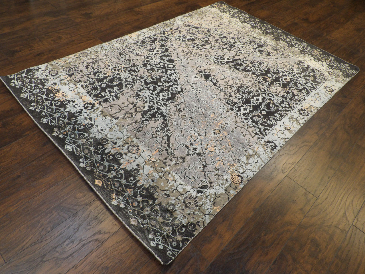 Black 5'0" x 8'0" Transitional Vintage Oxidized Broken Design Hand knotted Wool Rug - Sku: W11308
