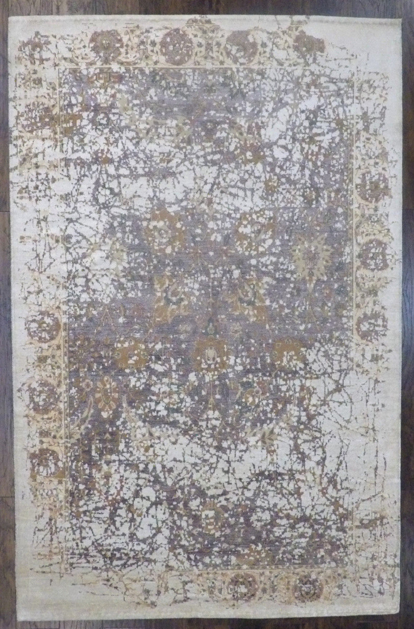 Beige 6'0" x 9'0" Modern Fine Abstract Oxidized Hand knotted Silk Rug - Sku: w11309