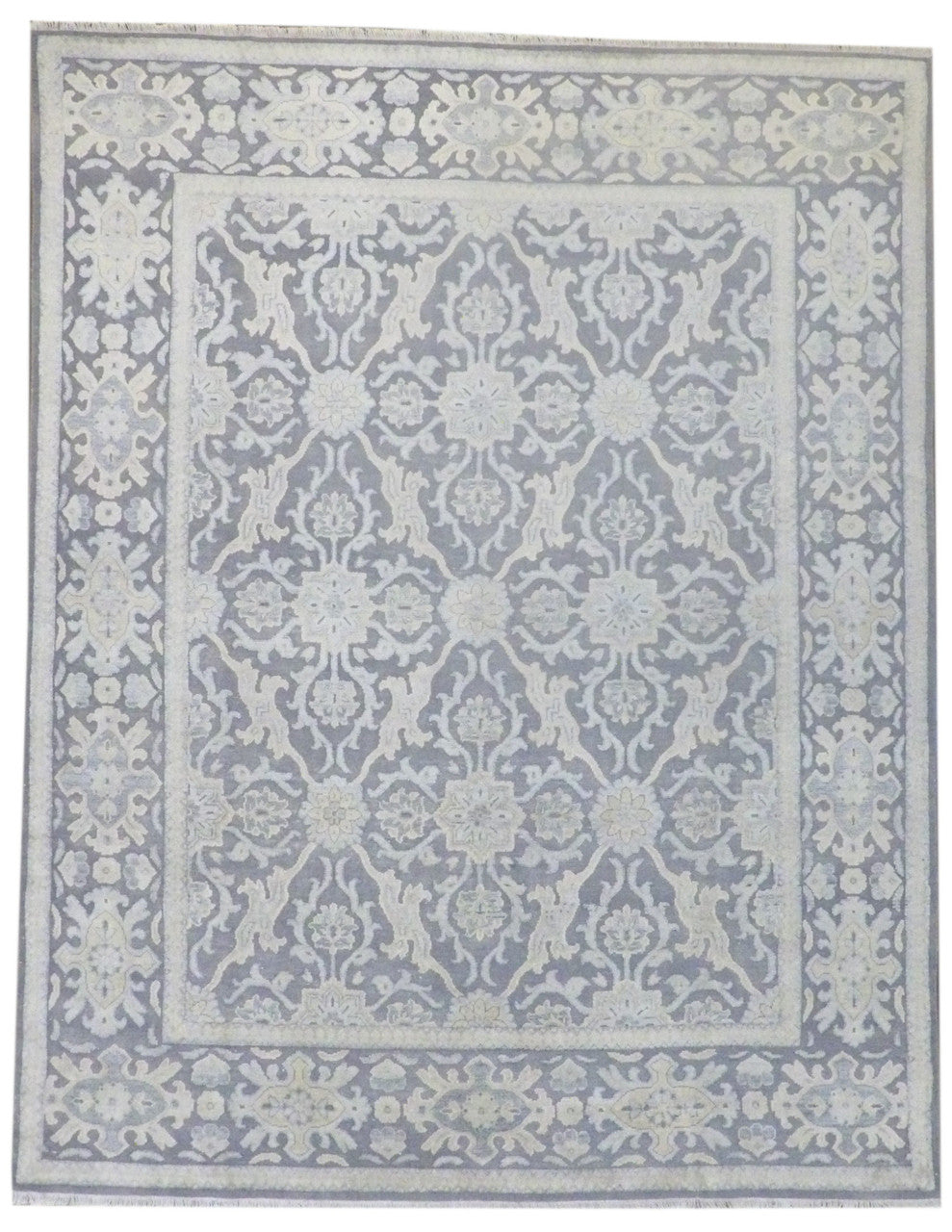 Hand-knotted 8x10 Oushak wool rug in silver-grey and beige, top view