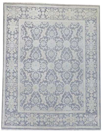 Hand-knotted 8x10 Oushak wool rug in silver-grey and beige, top view
