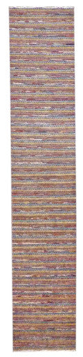 Modern Tribal Carved Stripe Design 2'6"x14'0" Hand-knotted Rug -W1159