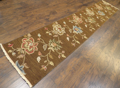 Transitional Floral Design Soumak Weave 2'6"x14'0" Hand-knotted Rug -W1161