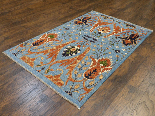 Transitional Ikat Design Natural-dye 4'0"x6'0" Hand-knotted Rug -w373
