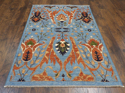 Transitional Ikat Design Natural-dye 4'0"x6'0" Hand-knotted Rug -w373