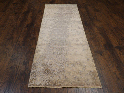 Transitional Damask 2'6"x8'0" Hand-knotted Rug -w443
