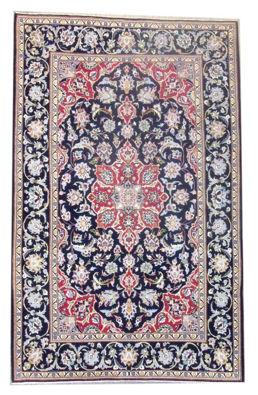 Blue 5'0" x 8'0" Fine Persian Qum Hand knotted Wool Rug - Sku: W752