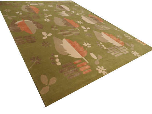 Modern Nepalese 80 Line Leaf Design 9'0"x12'0" Hand-knotted Rug -W764
