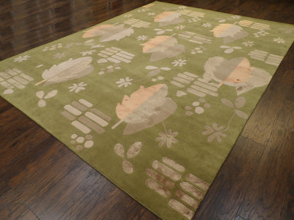 Modern Nepalese 80 Line Leaf Design 9'0"x12'0" Hand-knotted Rug -W764