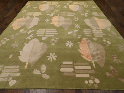 Modern Nepalese 80 Line Leaf Design 9'0"x12'0" Hand-knotted Rug -W764