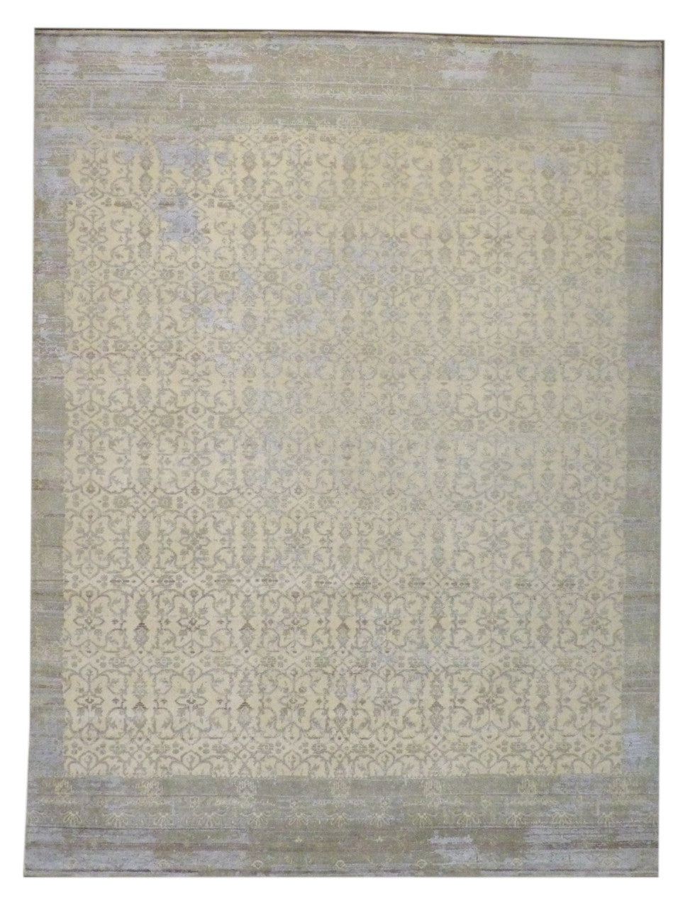 Beige 9'0" x 12'0" Transitional Vintage Erase Design Hand knotted Wool/Silk Rug - Sku: W768