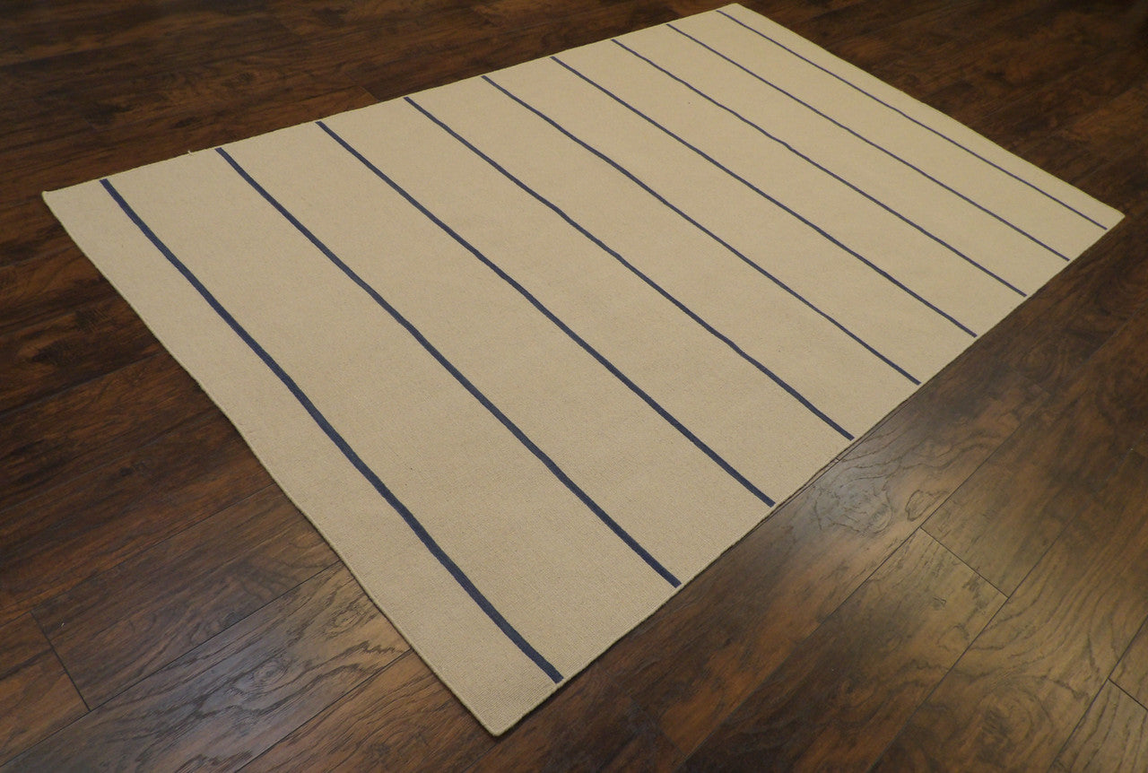 Blue 5'0" x 8'0" Coastal Flat Weave Indoor/Outdoor Beach Hand knotted Wool Rug - Sku: W818