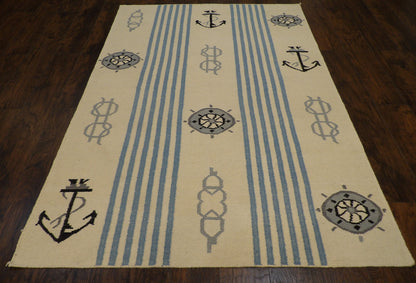 Coastal Flat-Weave Indoor/Outdoor Beach 5'0"x8'0" Hand-knotted Rug -W823