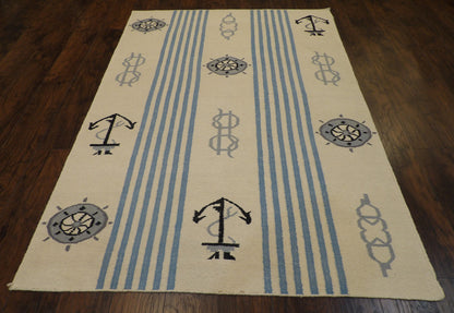 Coastal Flat-Weave Indoor/Outdoor Beach 5'0"x8'0" Hand-knotted Rug -W823