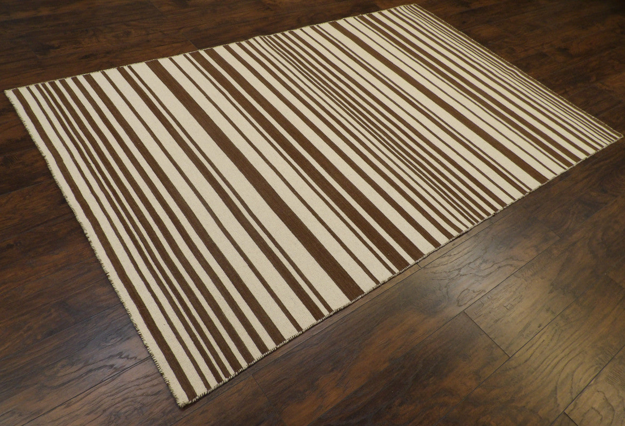 Brown 5'0" x 8'0" Coastal Flat Weave Indoor/Outdoor Beach Hand knotted Wool Rug - Sku: W827