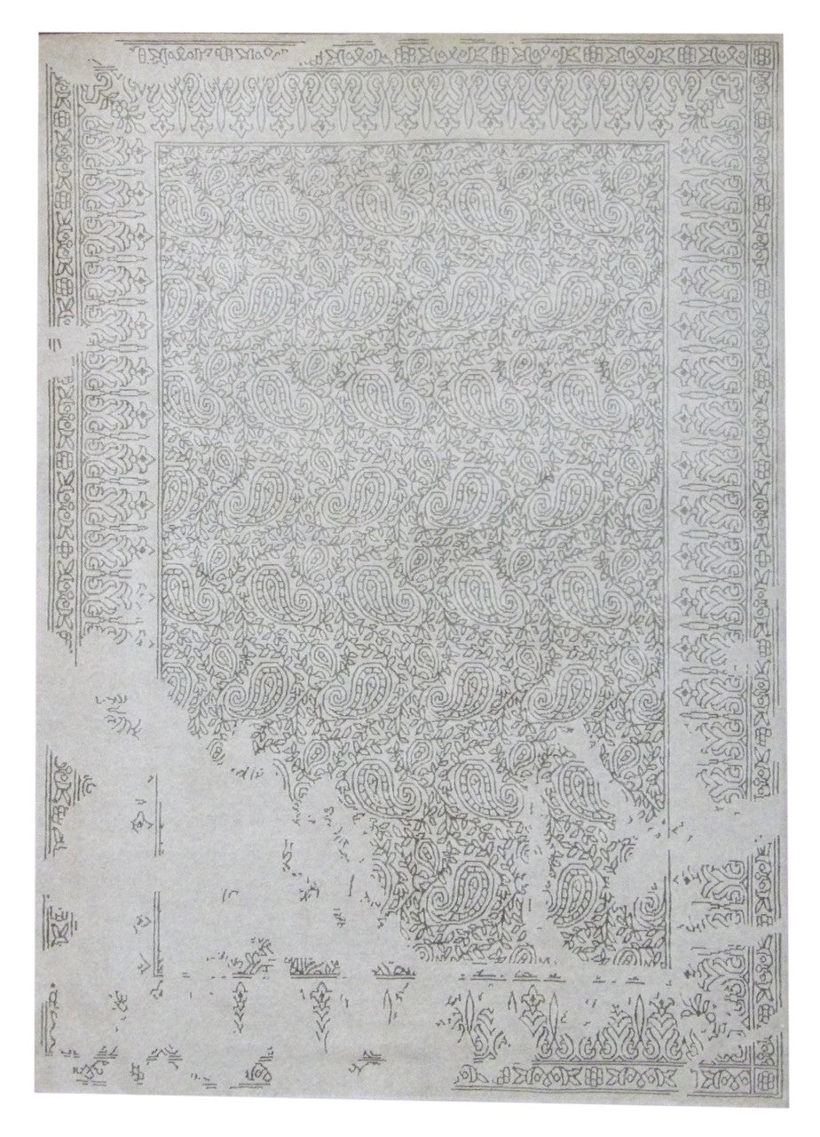Green 5'0" x 8'0" Transitional Broken Design Hand knotted Wool/Silk Rug - Sku: W834