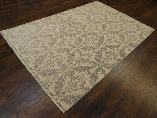 Transitional Damask Floral Design 5'0"x8'0" Hand-knotted Rug -W836