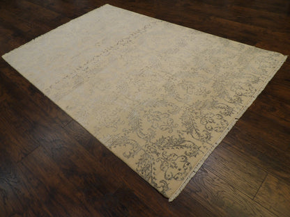 Transitional Damask Floral Design 5'0"x8'0" Hand-knotted Rug -W836