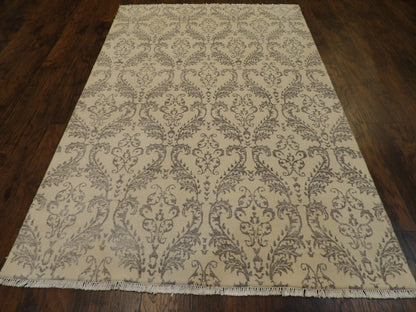 Transitional Damask Floral Design 5'0"x8'0" Hand-knotted Rug -W836