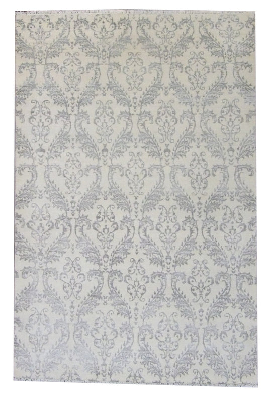 Transitional Damask Floral Design 5'0"x8'0" Hand-knotted Rug -W836