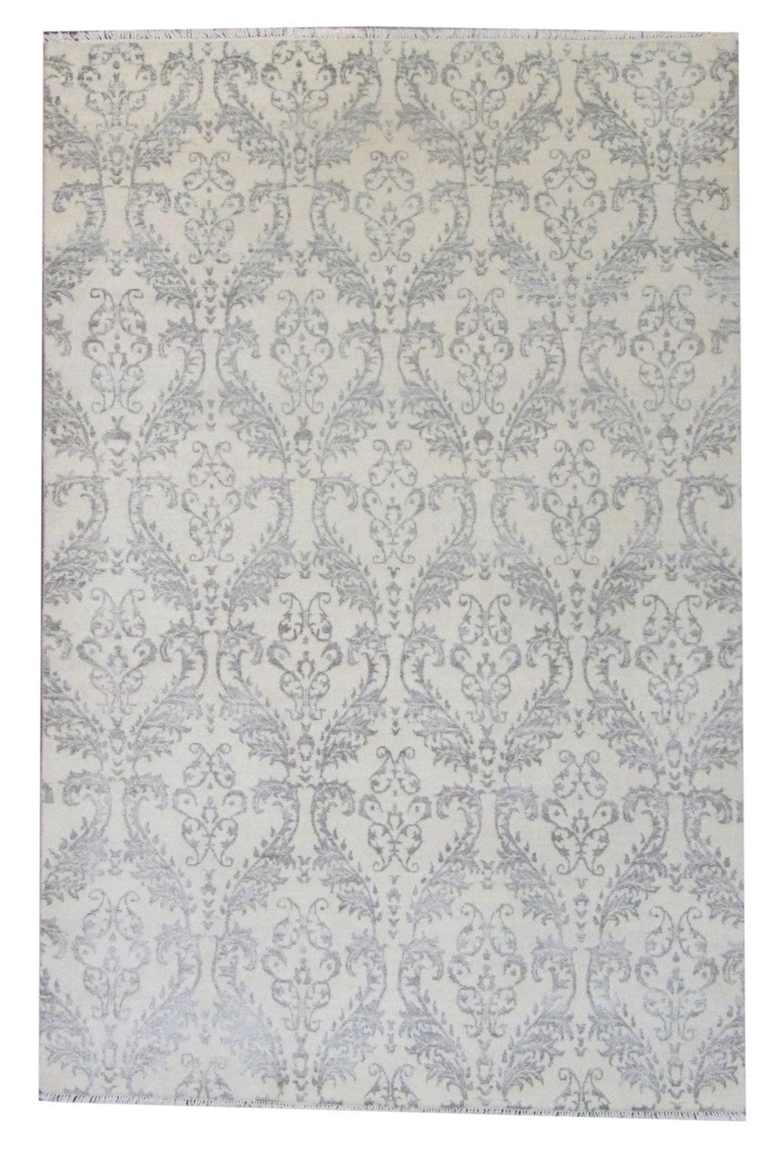 Gray 5'0" x 8'0" Transitional Damask Floral Design Hand knotted Wool/Silk Rug - Sku: W836