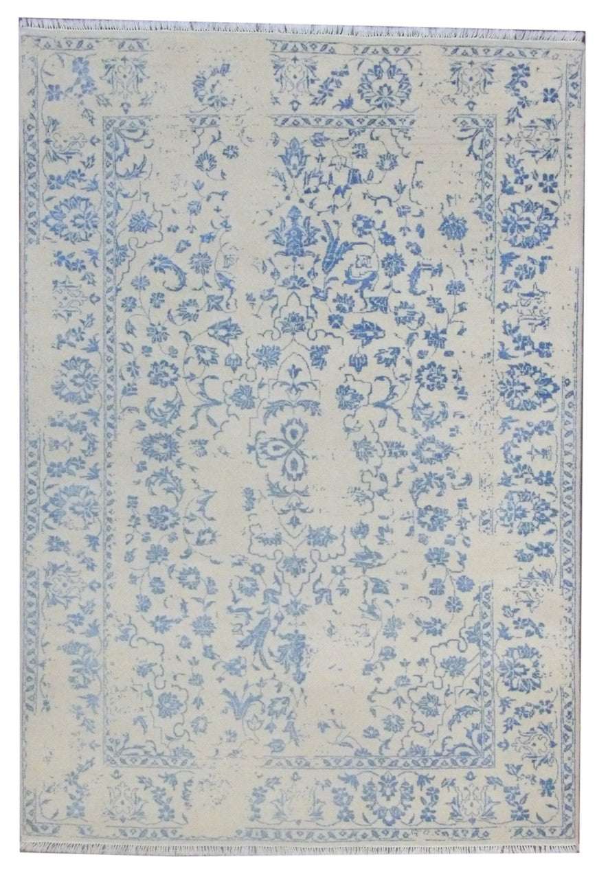 Blue 5'0" x 8'0" Transitional Broken Design Hand knotted Wool/Silk Rug - Sku: W838