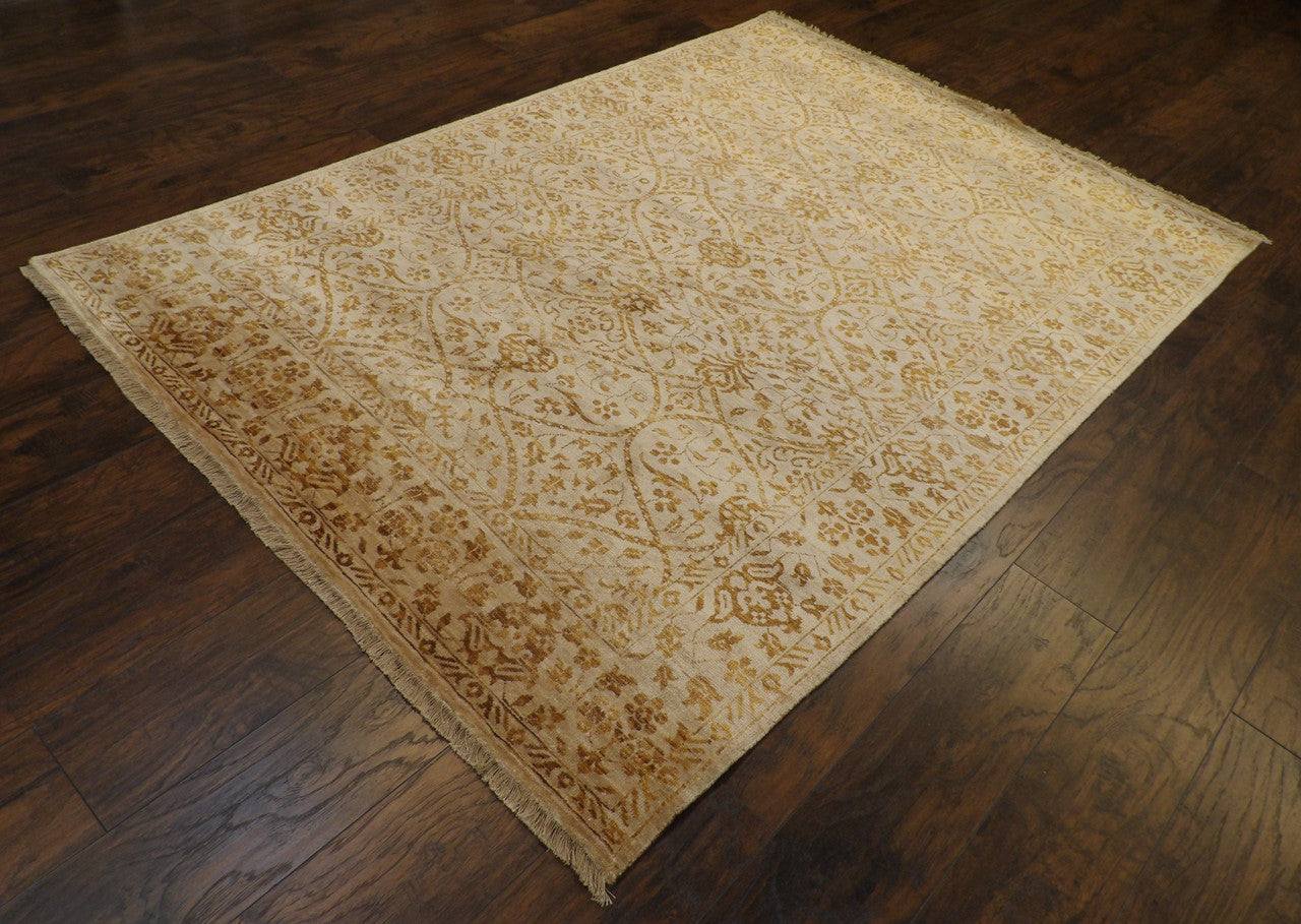 Brown 5'0" x 8'0" Transitional Silky Damask Design Hand knotted Wool/Silk Rug - Sku: W847
