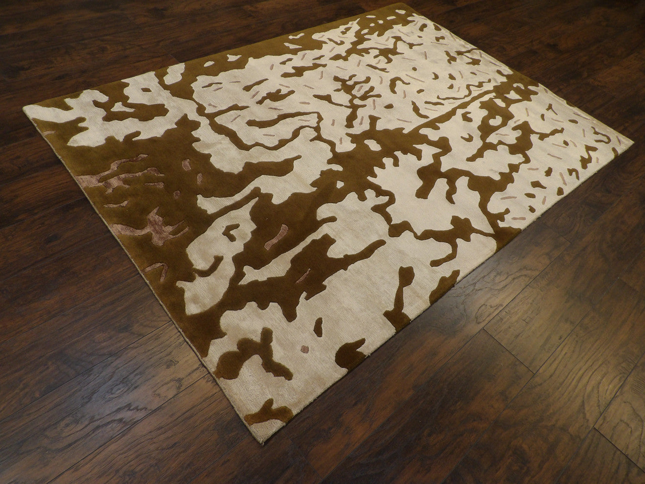 Brown 5'0" x 8'0" Transitional Silky Broken Abstract Design Hand knotted Wool/Silk Rug - Sku: W848