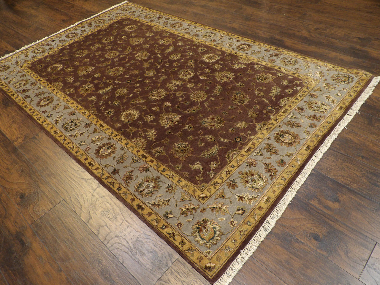 Blue 6'0" x 9'0" Fine Transitional Jaipur Floral Design Hand knotted Wool/Silk Rug - Sku: W879